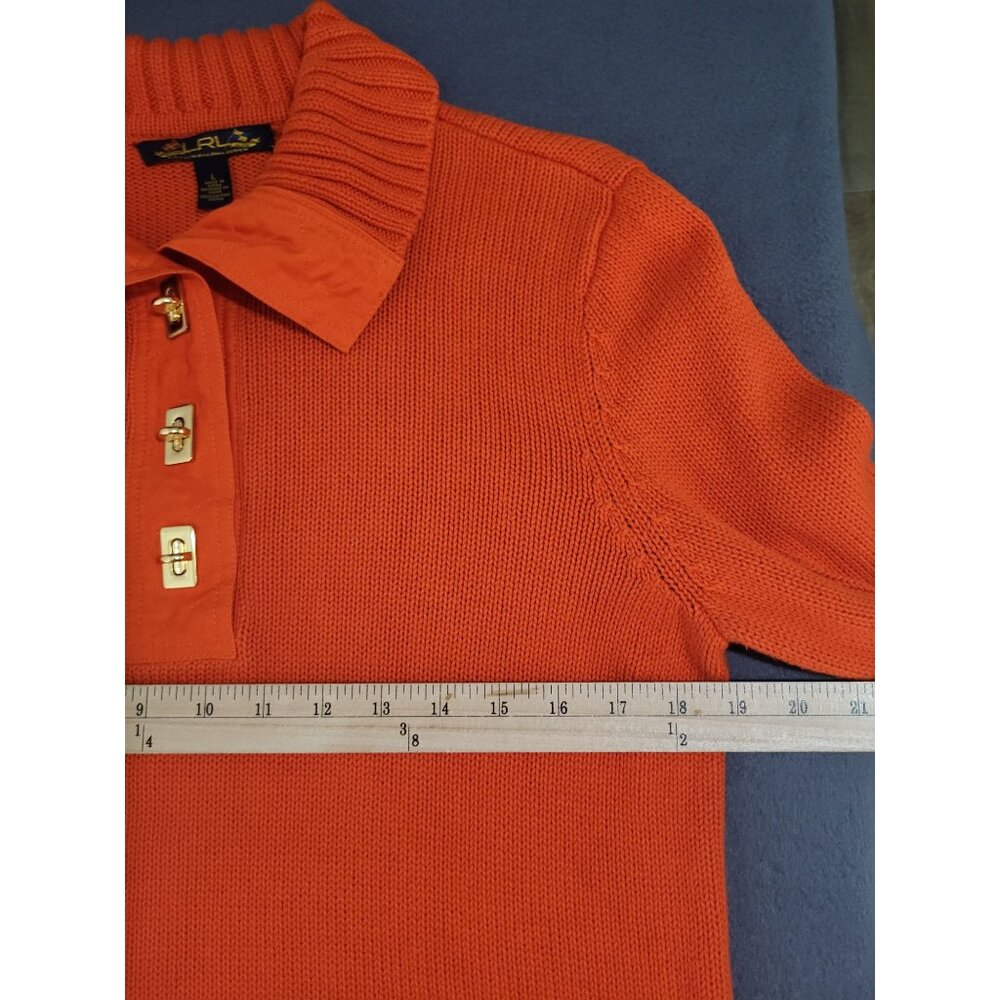 LRL Lauren Ralph Lauren Women L Orange Sweater Gold Turn Lock Preppy Old Money - Picture 5 of 6